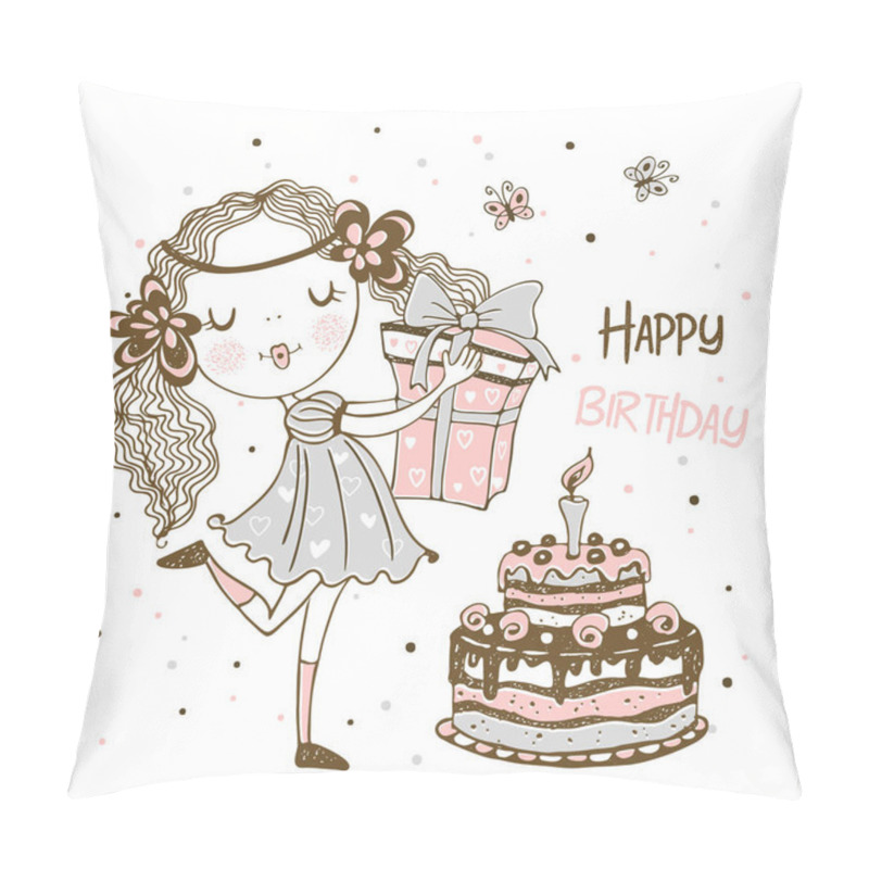 Personality  Birthday Card With Cute Girl With Gifts And Birthday Cake. Vector. Pillow Covers