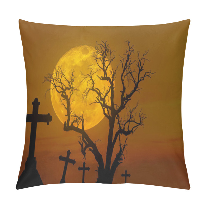 Personality  Scary Silhouette Dead Tree And Spooky Silhouette Crosses In Mystic Graveyard  With Big Full Moon. Pillow Covers