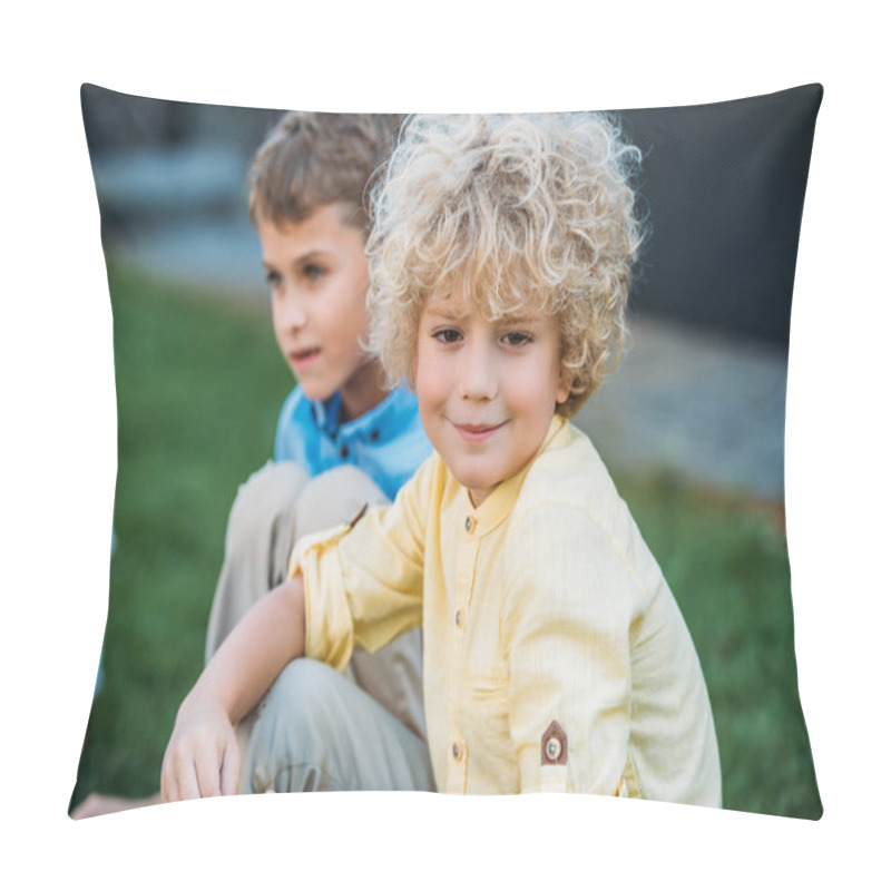 Personality  Adorable Curly Schoolboy Sitting On Grass With Classmate Pillow Covers