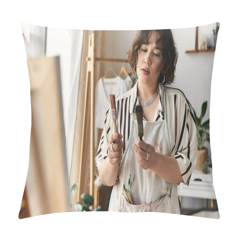 Personality  Curly-haired Young Woman Enjoys Painting Near Her Easel, Surrounded By Natural Light And Plants. Pillow Covers