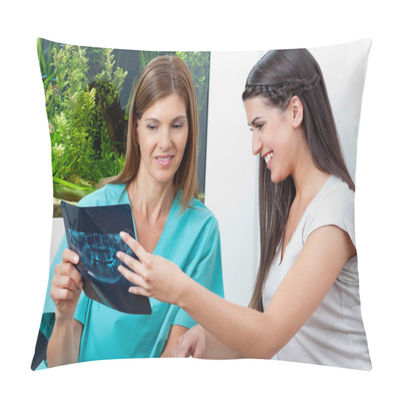 Personality  Dentist Showing Patient X-Ray In Clinic Pillow Covers