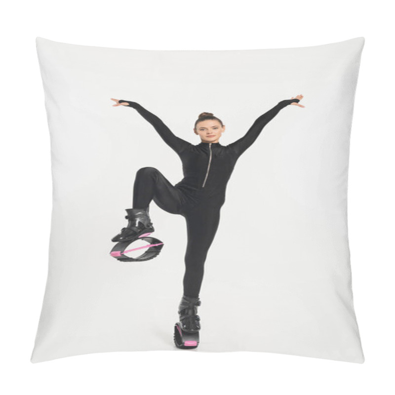 Personality  Fun Workout, Sportswoman In Kangoo Jumping Shoes Exercising And Bouncing, Energy And Motivation Pillow Covers