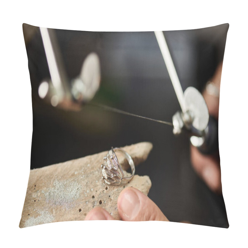 Personality  A Skilled Artisan Works Meticulously With A Delicate Silver Ring, Showcasing Craftsmanship. Pillow Covers