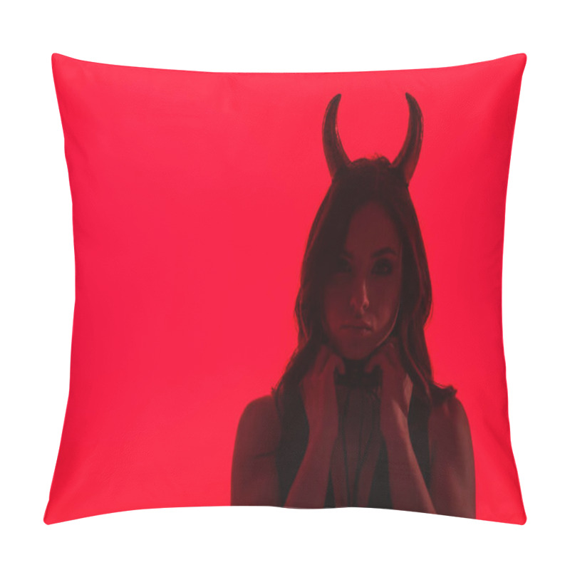 Personality  Silhouette Of Seductive Woman In Devil Costume, Isolated On Red Pillow Covers