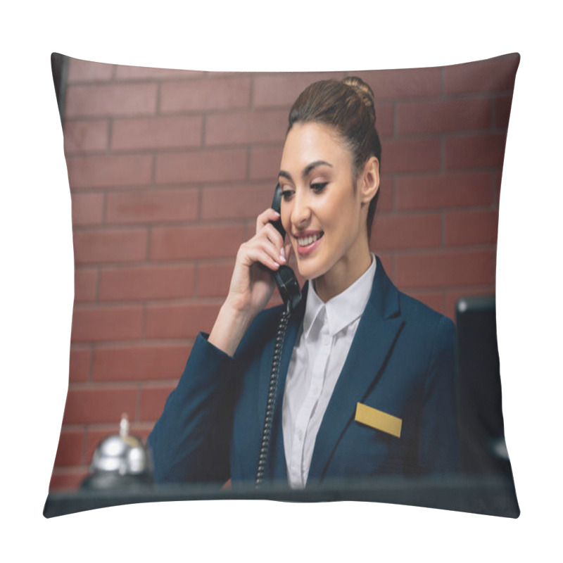 Personality  Young Beautiful Hotel Receptionist Receiving Call At Workplace Pillow Covers