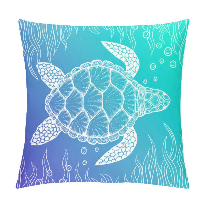 Personality  Sea Turtle In Line Art Style. Hand Drawn Vector Illustration. Design For Coloring Book. Set Of Ocean Elements Pillow Covers