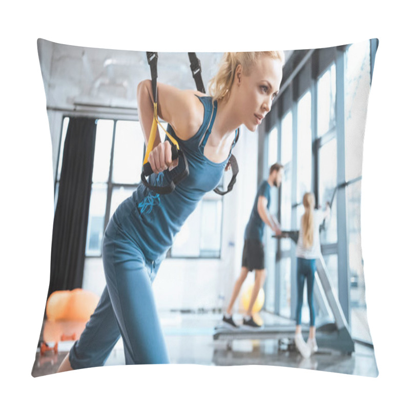 Personality  Blonde Fitness Woman Training With Trx Fitness Straps Pillow Covers