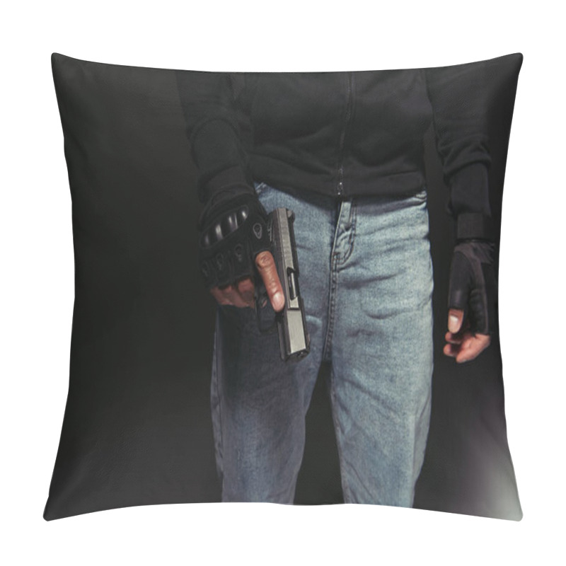 Personality  Cropped View Of African American Hooligan Holding Gun On Black Background  Pillow Covers