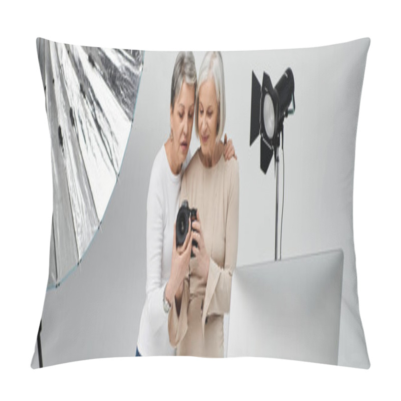 Personality  Two Mature Lesbian Women, One A Photographer And The Other A Model, Review A Photo Together In A Studio. Pillow Covers