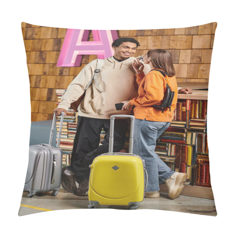 Personality  Happy Diverse Couple Awaits Their Next Adventure, Standing Near Luggage And Ready For The Journey Pillow Covers