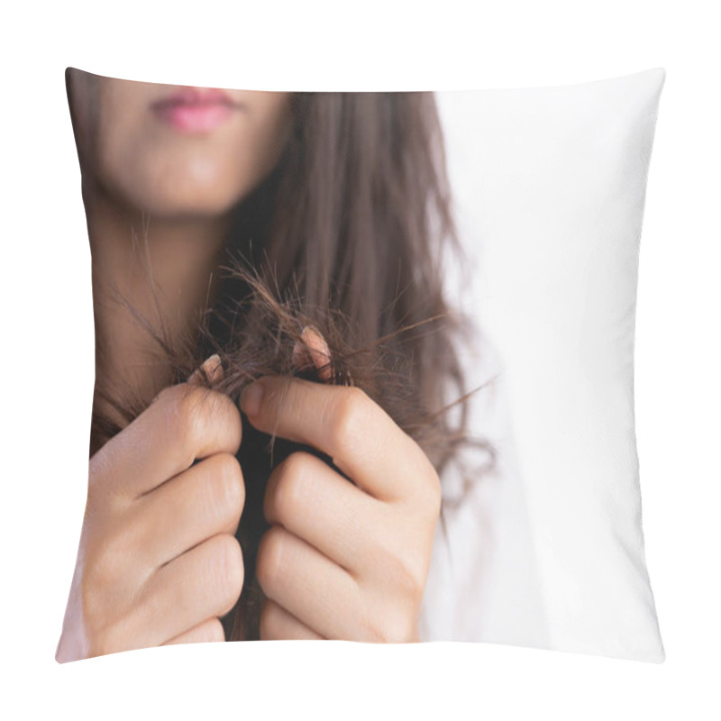 Personality  Healthy Concept. Woman Hand Holding Damaged Long Hair. Pillow Covers