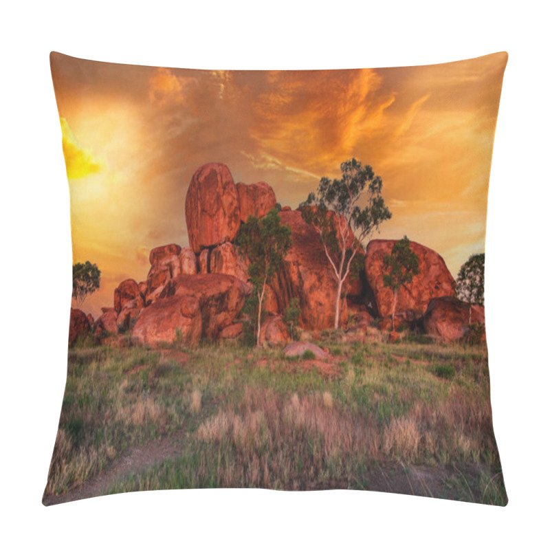 Personality  Sunrays At Sunset Light In Karlu Karlu - Devils Marbles Conservation Reserve. Australian Outback Landscape In Northern Territory, Australia Near Tennant Creek. Aboriginal Land In Red Centre. Pillow Covers