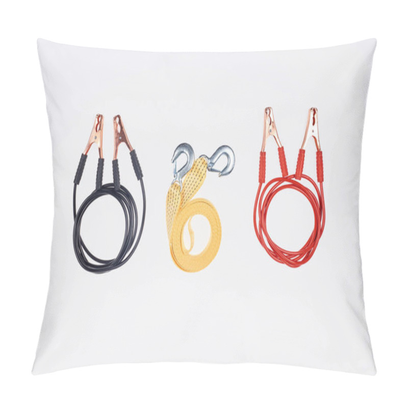 Personality  Flat Lay With Arranged Car Tow Rope And Jump Start Cables Isolated On White Pillow Covers