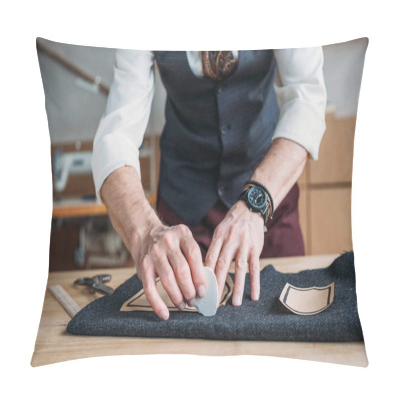 Personality  Cropped Shot Of Stylish Tailor Marking Cloth Pattern With Chalk At Sewing Workshop Pillow Covers