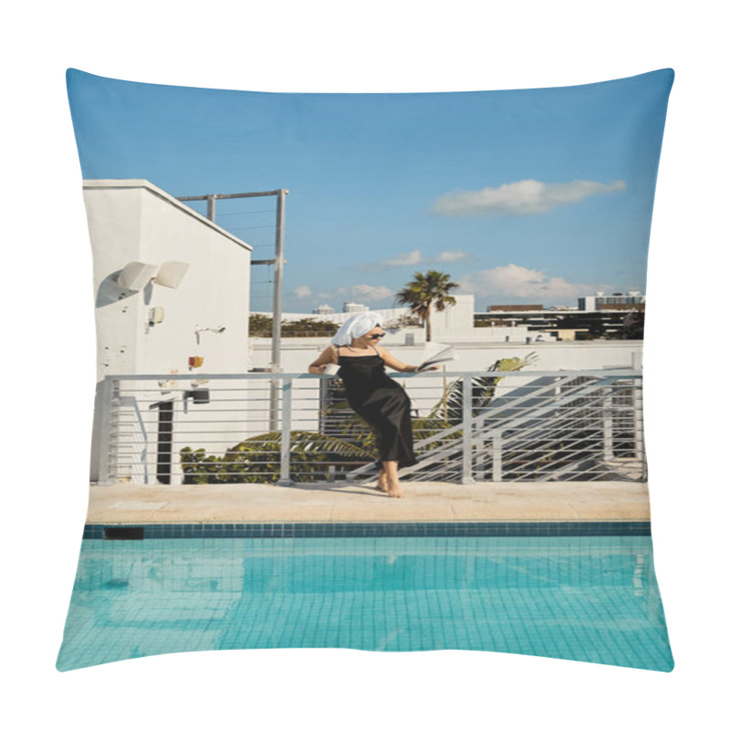 Personality  A Stylish Young Woman In A Black Slip Dress And Sunglasses Leans Against A Railing Overlooking A Pool, Enjoying The Miami Sunshine. Pillow Covers