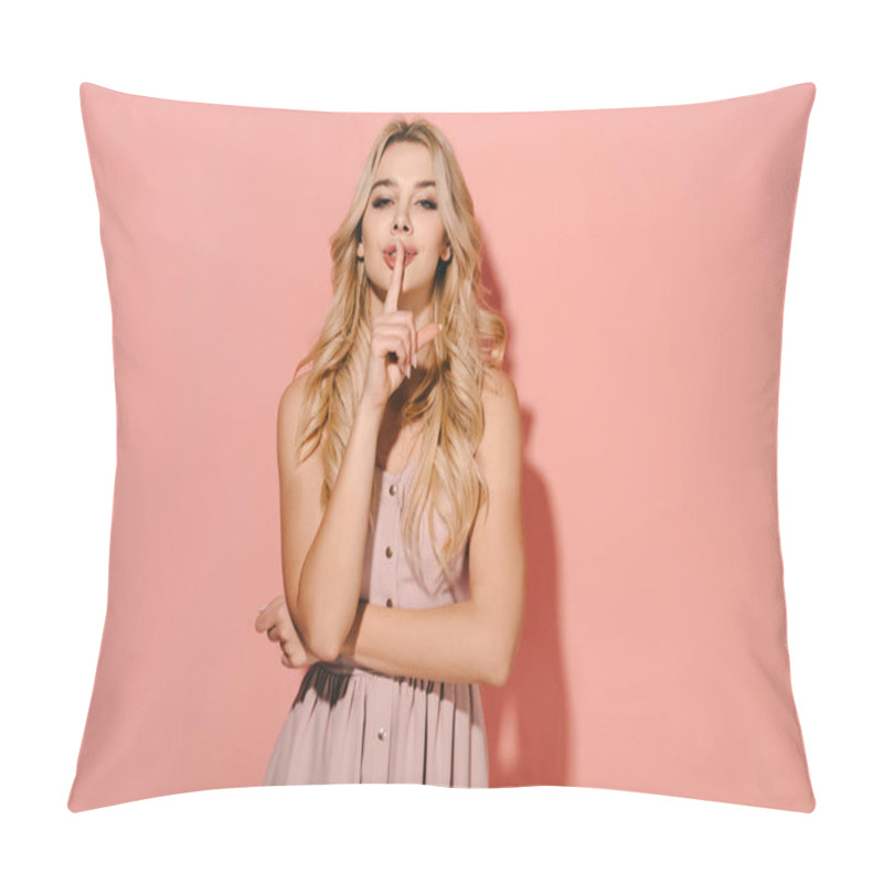 Personality  Attractive And Blonde Woman In Pink Dress Showing Shh Gesture Pillow Covers