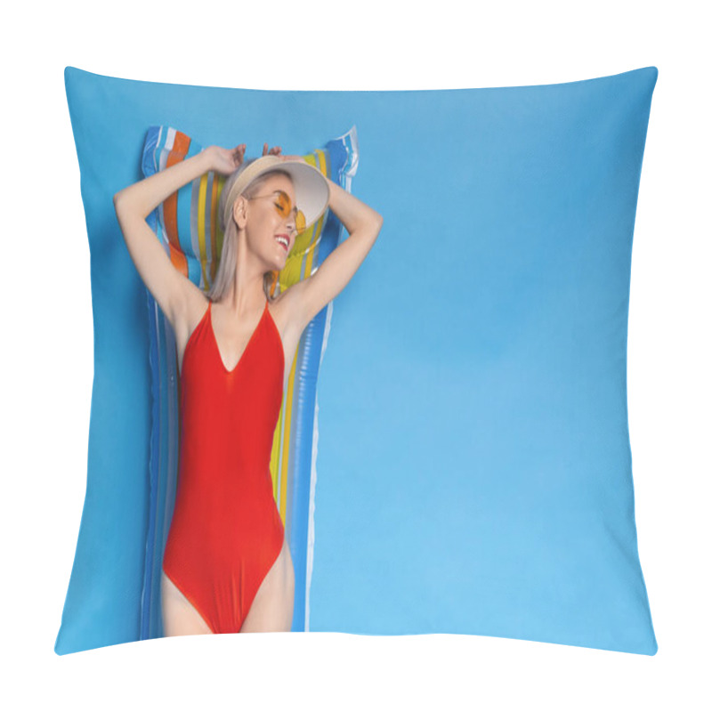 Personality  Blonde Girl In Swimsuit Sunbathing On Inflatable Mattress Pillow Covers