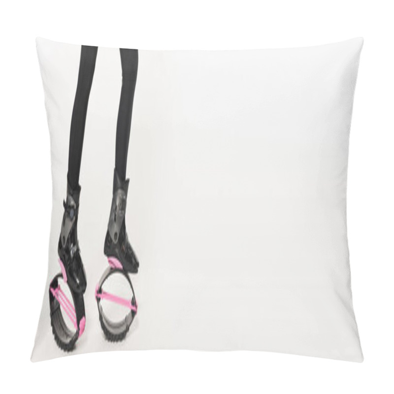 Personality  Fun Workout, Cropped Shot Of Woman In Kangoo Jumping Shoes On White, Balance And Bounce, Banner  Pillow Covers