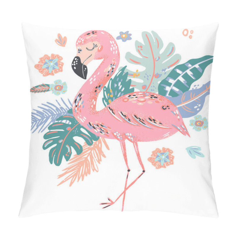 Personality  Flamingo Cute Doodle Hand Drawn Flat Vector Illustration. Wild Rainforest Animal Vector Poster Floral Background.Grass Branches With Leaves, Flowers And Spots Design Element. Tropical Jungl Pillow Covers