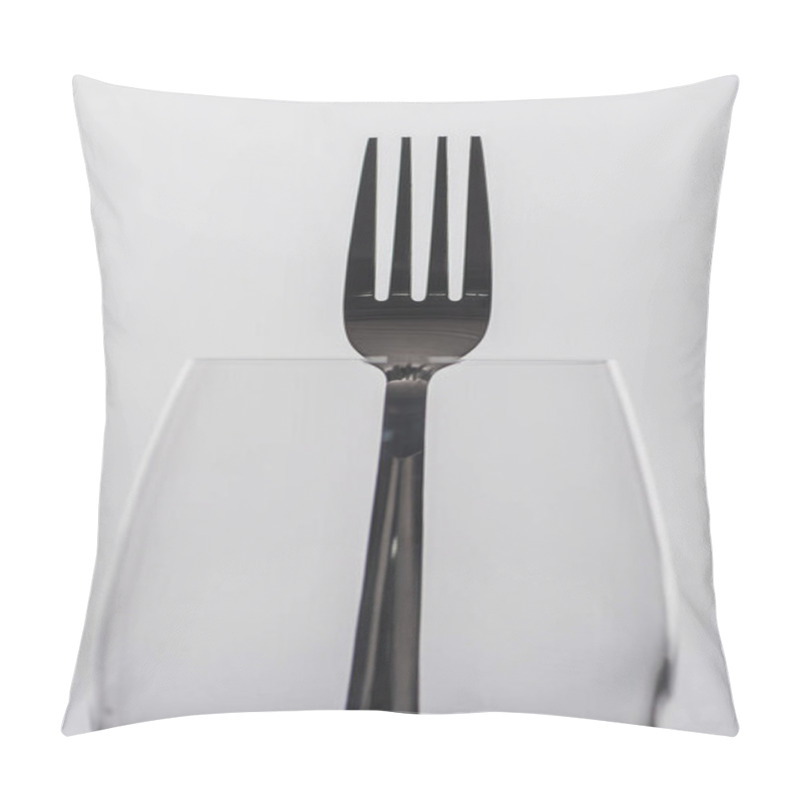 Personality  Selective Focus Of Fork In Wine Glass Isolated On Grey Pillow Covers