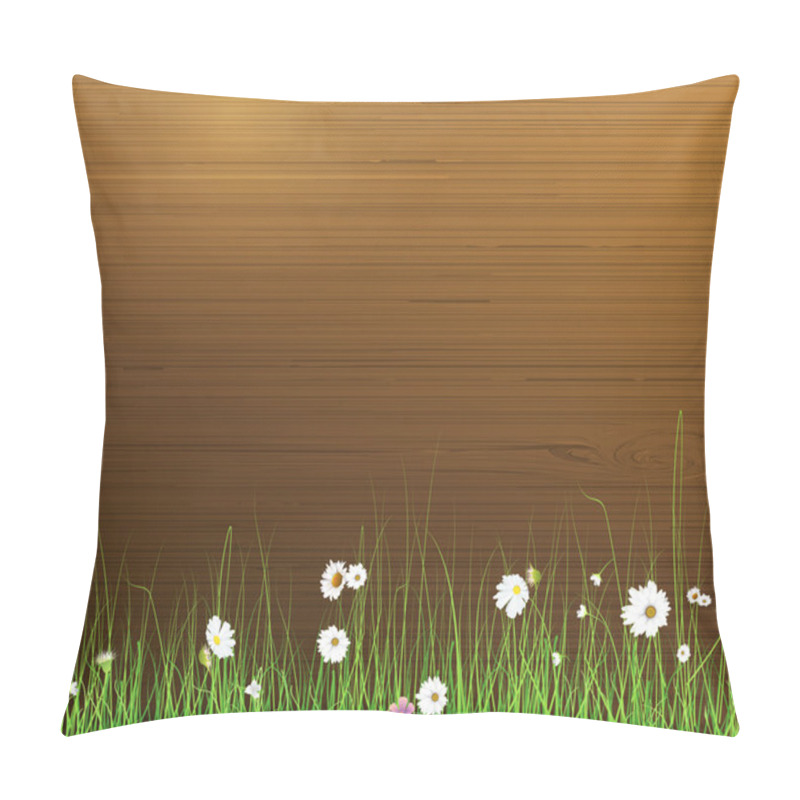 Personality  Vector Illustration Spring Nature Background. Green Grass And Leaf Plant, White Gerbera, Daisy Flowers And Sunlight Over Wood Fence. Pillow Covers