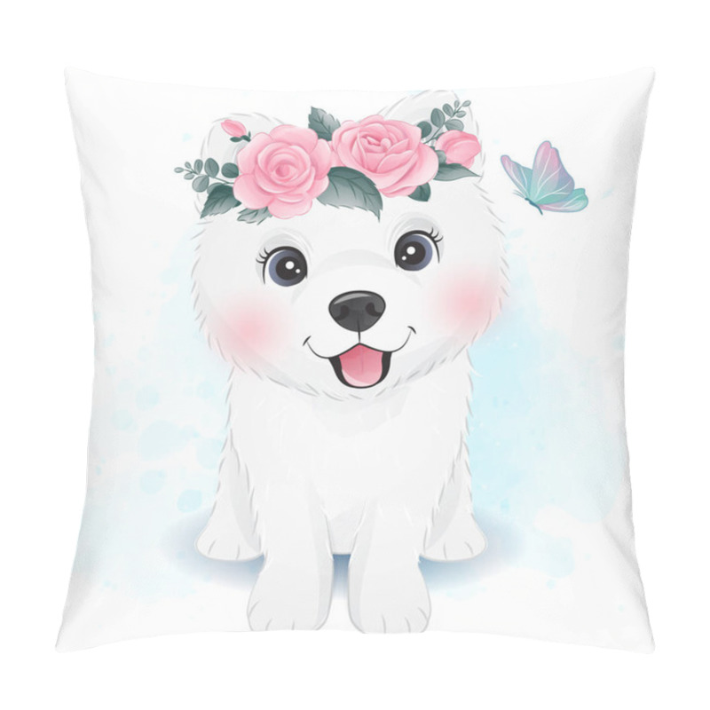 Personality  Cute Little Samoyed With Floral Illustration Pillow Covers