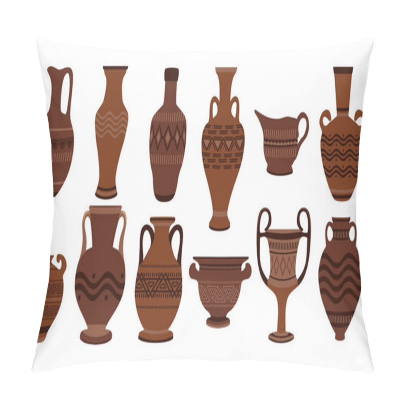 Personality  Greek Clay Pots. Illustration Of Clay Roman Traditional Vase. Ancient Vase Set Ancient Urn, Amphora, Jar And Jug Isolated On White Background. Pillow Covers