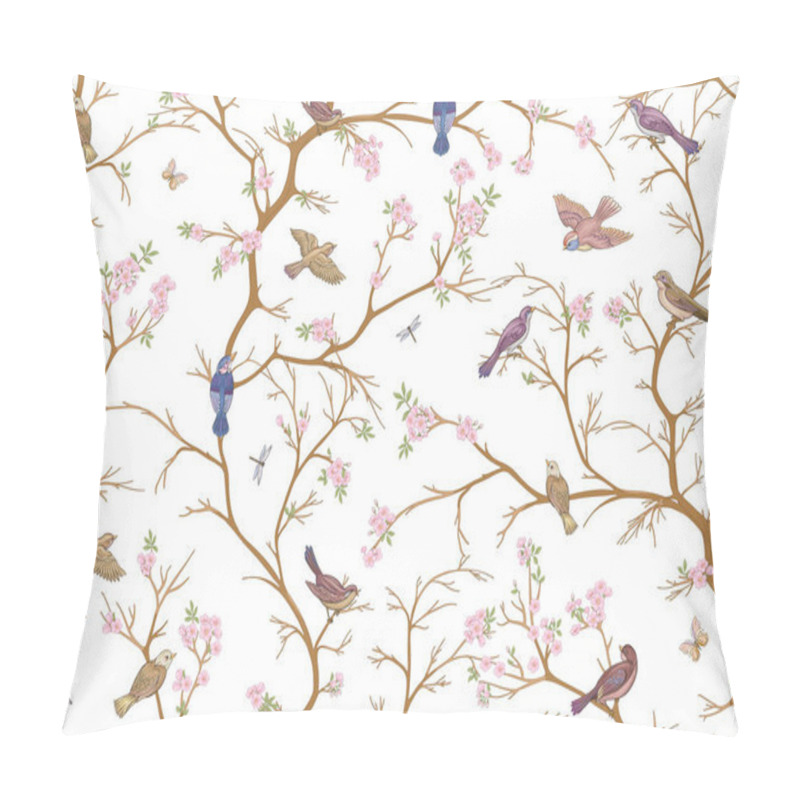 Personality  Cherry Blossom Tree, Sakura. With Sparrow, Finches Butterflies And Dragonflies. Seamless Pattern, Background. Vector Illustration. Chinoiserie, Traditional Oriental Botanical Motif. Pillow Covers