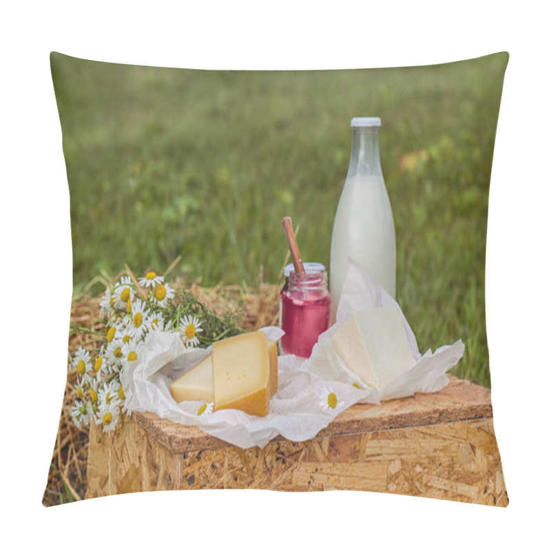 Personality  Dairy Products Milk, Cheese Yogurt Served At Picnic Table In A Cheese Farm Caws In Background Pillow Covers