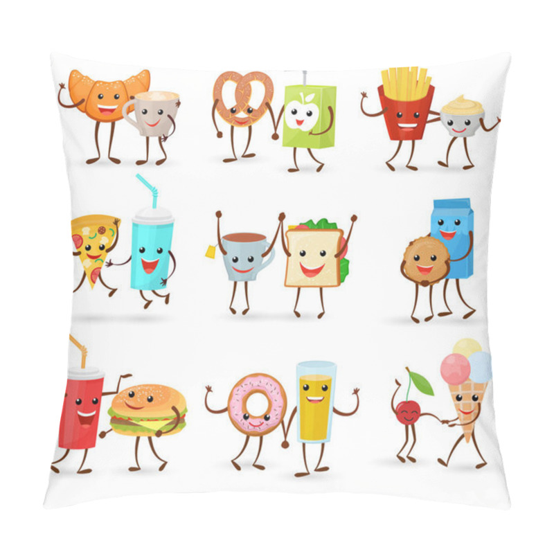 Personality  Food Kawaii Vector Cartoon Expression Characters Of Fastfood Hamburger Loving Doughnut Emoticon Illustration Valentines Set Of Burger Emotion Kissing Coffee Emoji In Love Isolated On White Background Pillow Covers