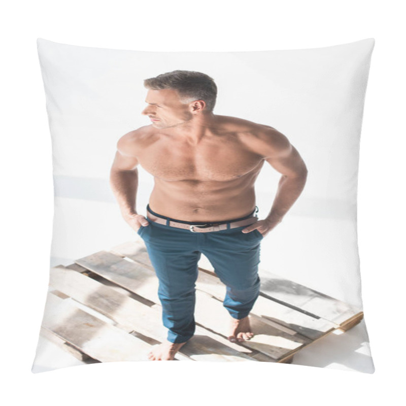 Personality  High Angle View Of Shirtless Handsome Adult Man Standing On Pallet On White And Looking Away Pillow Covers