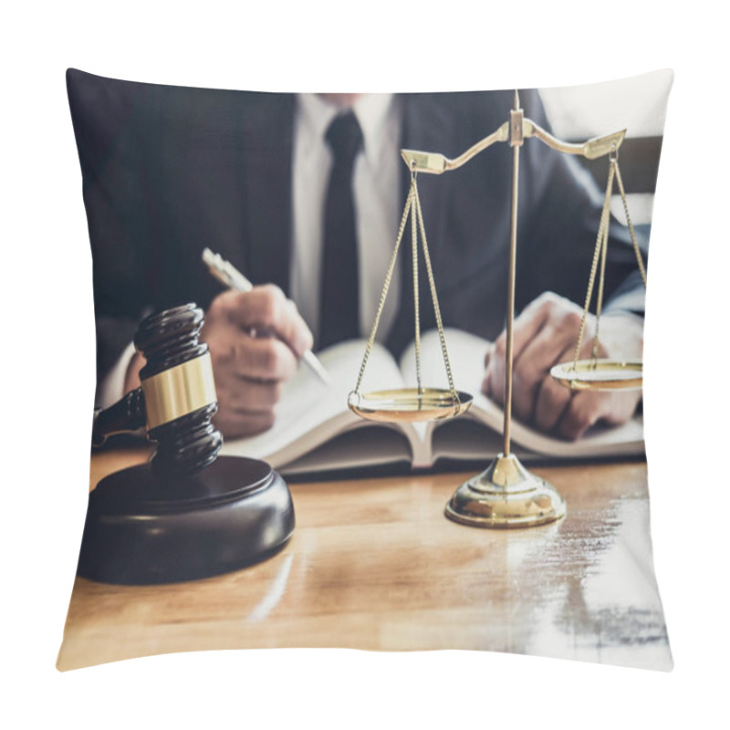 Personality  Male Lawyer Or Judge Working With Contract Papers, Law Books And Pillow Covers