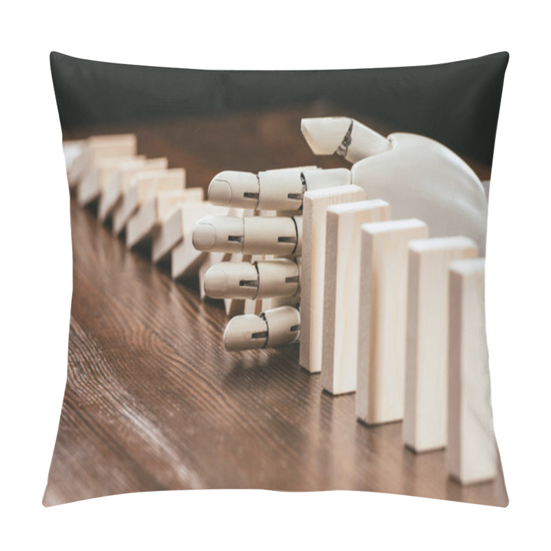 Personality  Selective Focus Of Robotic Hand Preventing Wooden Blocks From Falling On Desk Pillow Covers