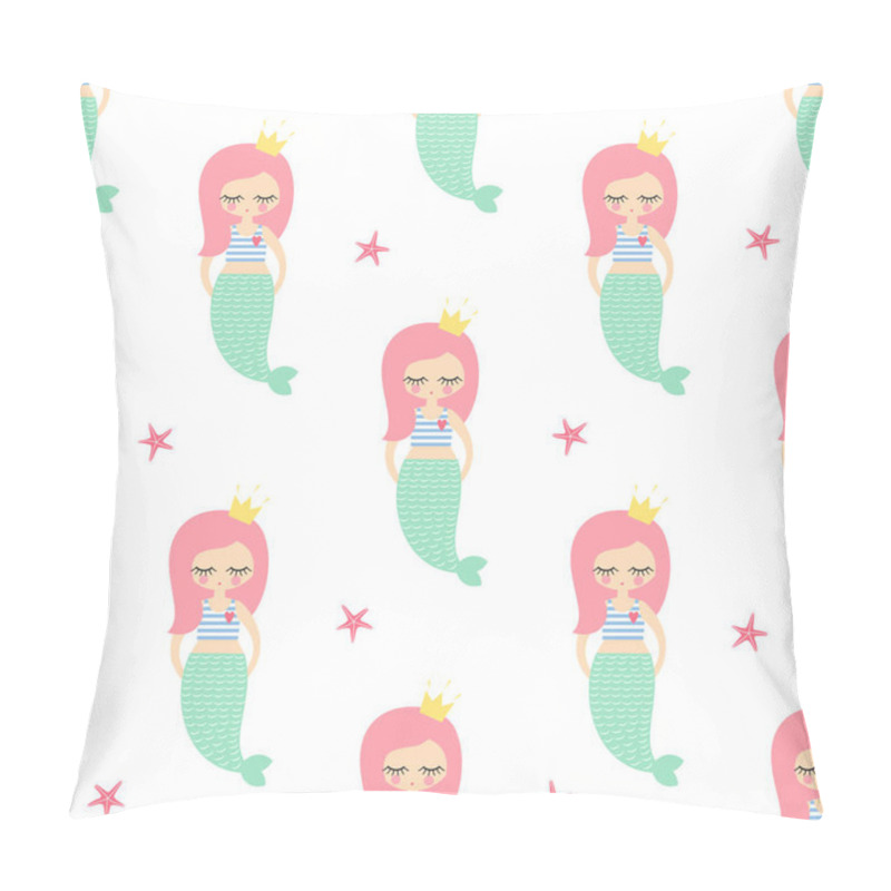 Personality  Cute Pink Hair Mermaid Girl With Starfish Seamless Pattern On White Background. Pillow Covers