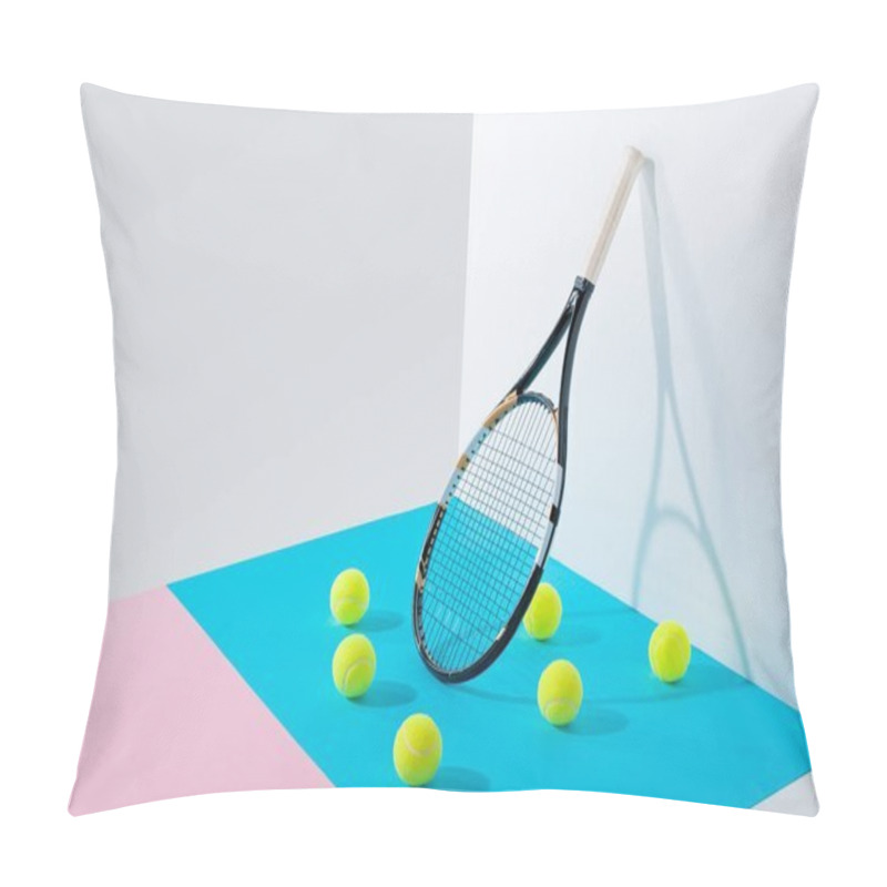 Personality  Yellow Tennis Balls On Blue And Pink Papers And Tennis Racket At White Wall Pillow Covers