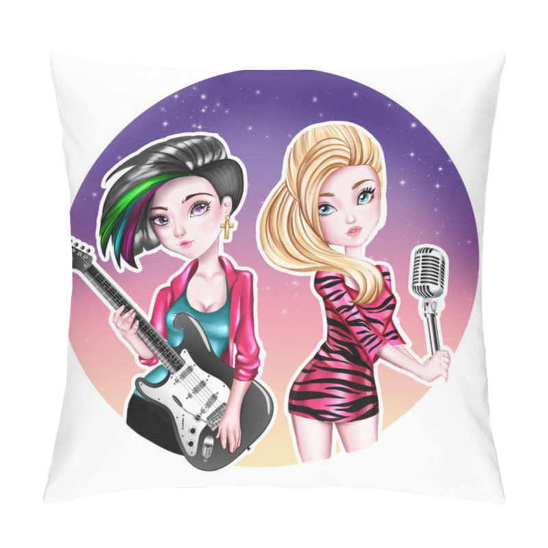 Personality  Hand Drawn Illustration - Popstars - Cartoon Character Girls - Guitairs And Singer Pillow Covers