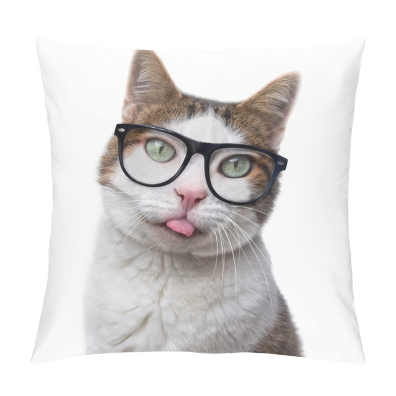 Personality  Funny Tabby Cat In Nerd Glasses Put Out His Tongue. Isolated On White Background. Pillow Covers