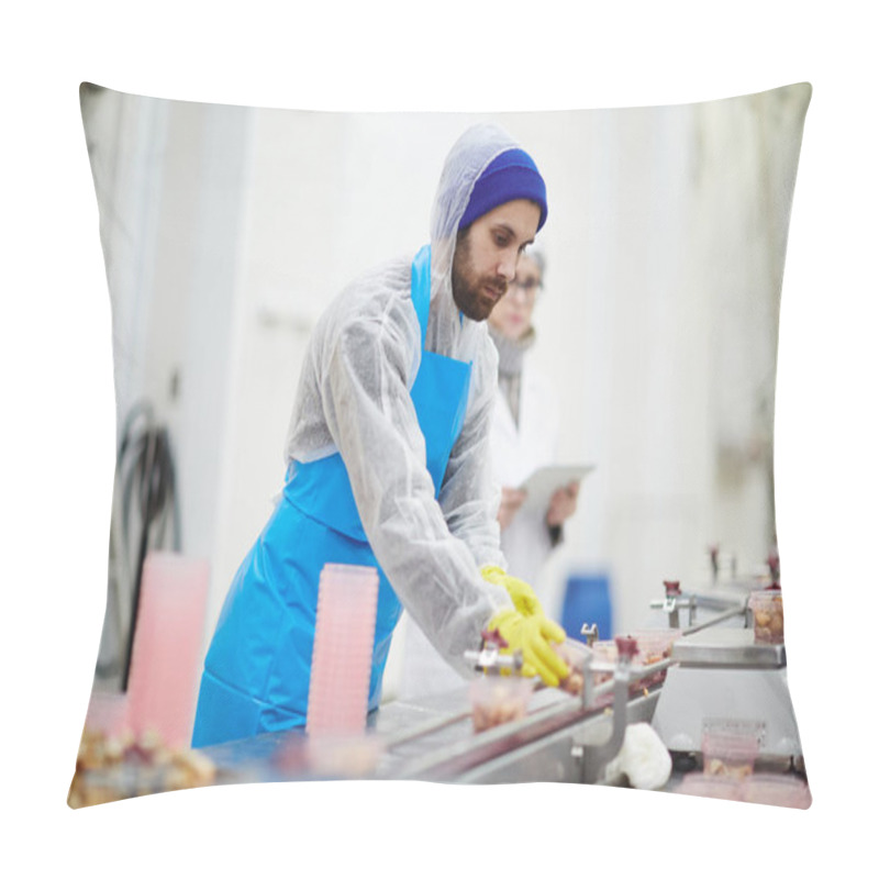 Personality  Young Man In Protective Uniform Working By Production-line In Seafood Processing Factory Pillow Covers