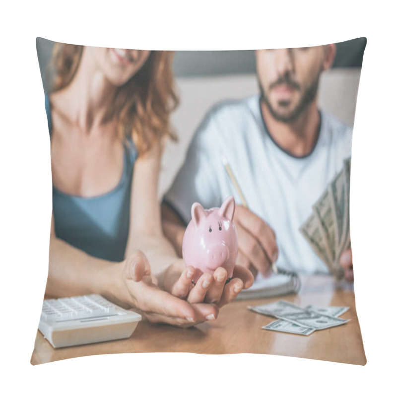 Personality  Cropped Image Of Couple Planning Family Budget And Holding Piggy Bank In Living Room Pillow Covers