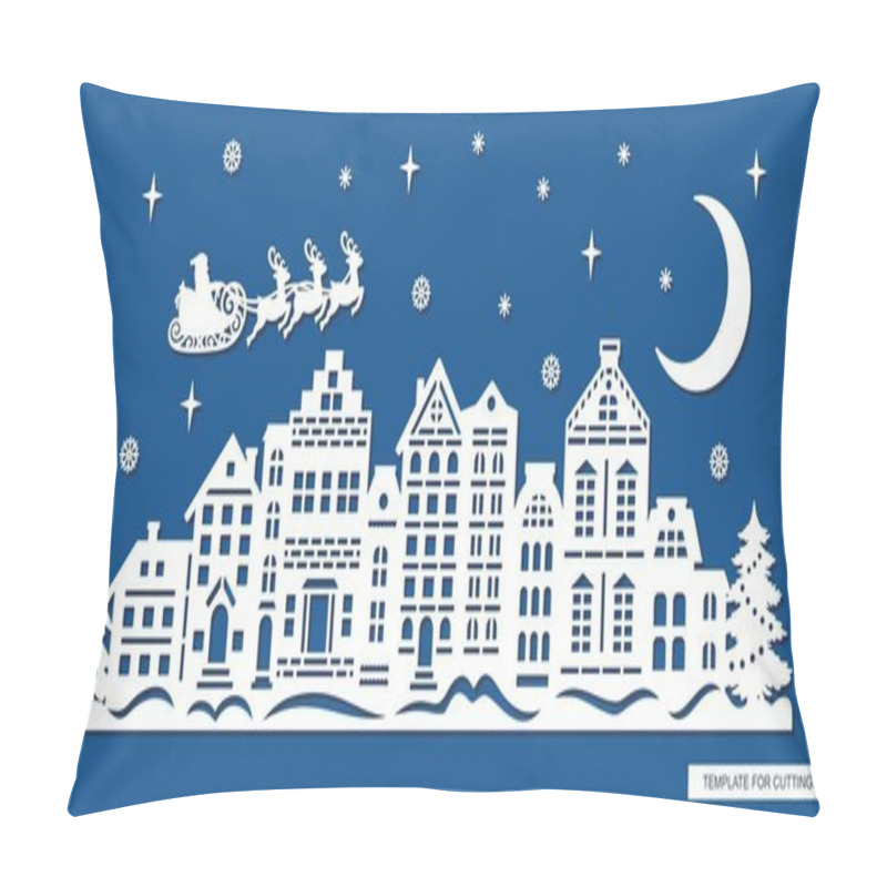 Personality  Christmas Fabulous Cityscape. On A Winter Night, Santa Claus In A Sleigh Flies Over Houses, Firs, Snowdrifts. Silhouette Of New Years Decoration. Template For Plotter Laser Cutting Of Paper, Cnc. Pillow Covers