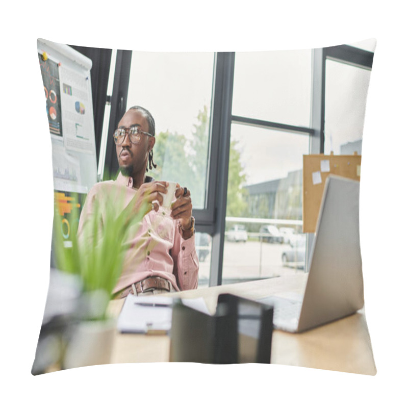 Personality  A Stylish Man Enjoys Coffee While Brainstorming Ideas In A Bright, Natural Light Workspace. Pillow Covers