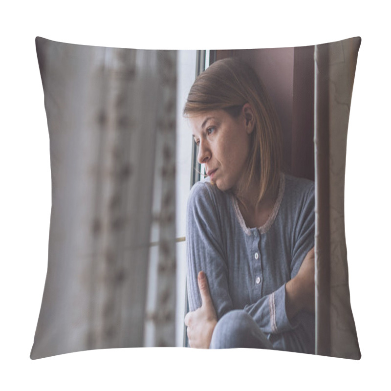 Personality  Sad Woman Sitting By The Window Looking Outside Pillow Covers