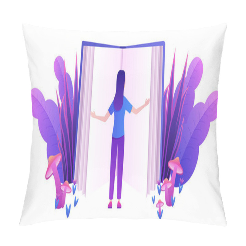 Personality  Cartoon Tiny Woman Reading An Open Fantasy Huge Fantasy Book Isolated Vector Illustration Pillow Covers