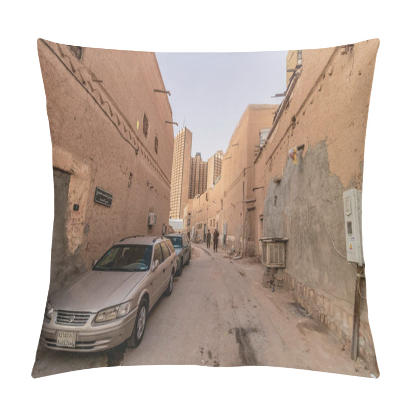 Personality  RIYADH, SAUDI ARABIA - NOVEMBER 29, 2021: Crumbling Street Of Ad Dirah Neighborhood In Riyadh, Saudi Arabia Pillow Covers