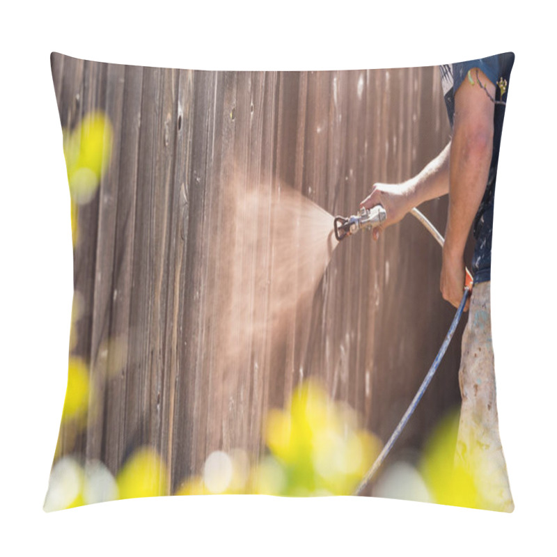 Personality  Professional Painter Spraying Yard Fence With Stain Pillow Covers