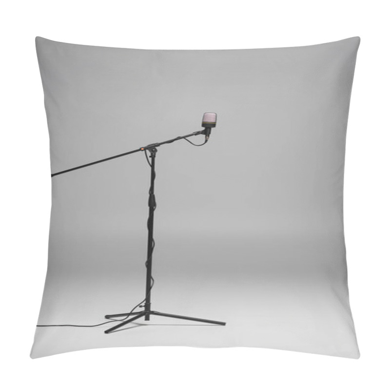 Personality  Black Microphone With Wire On Stand On Grey Background With Copy Space, Studio Shot  Pillow Covers