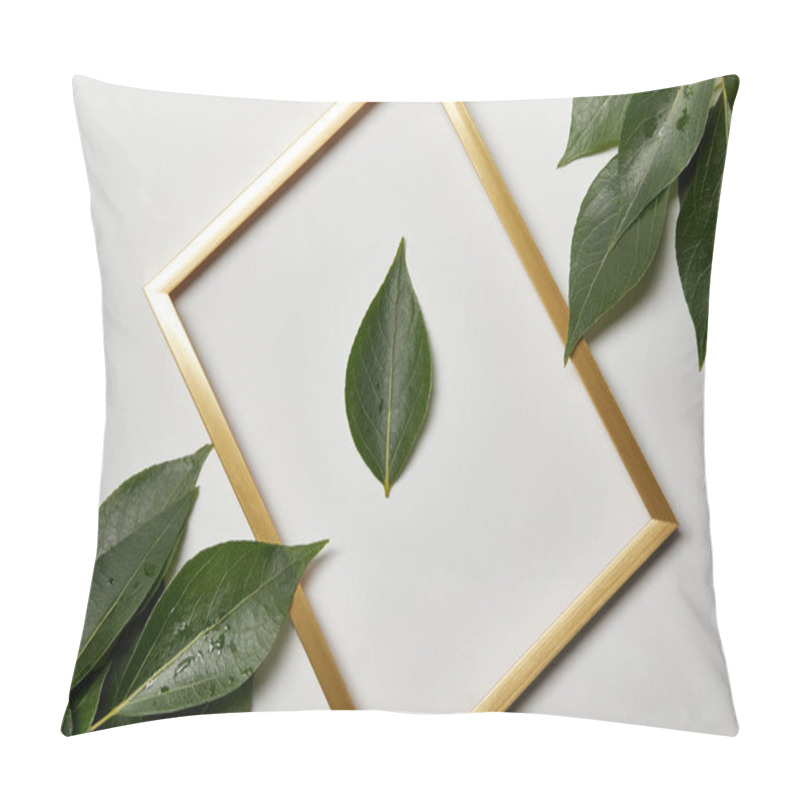 Personality  Empty Golden Frame With Leaf Isolated On White Pillow Covers