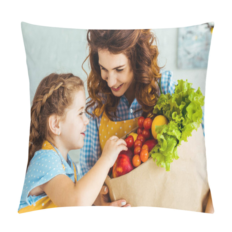 Personality  Happy Mother Showing Smiling Daughter Paper Bag With Ripe Fruits And Vegetables Pillow Covers