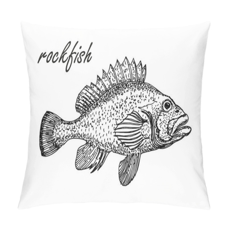 Personality  Ink Sketch Of Rockfish. Hand Drawn Of Redfish Isolated On White Background. Retro Style. Pillow Covers