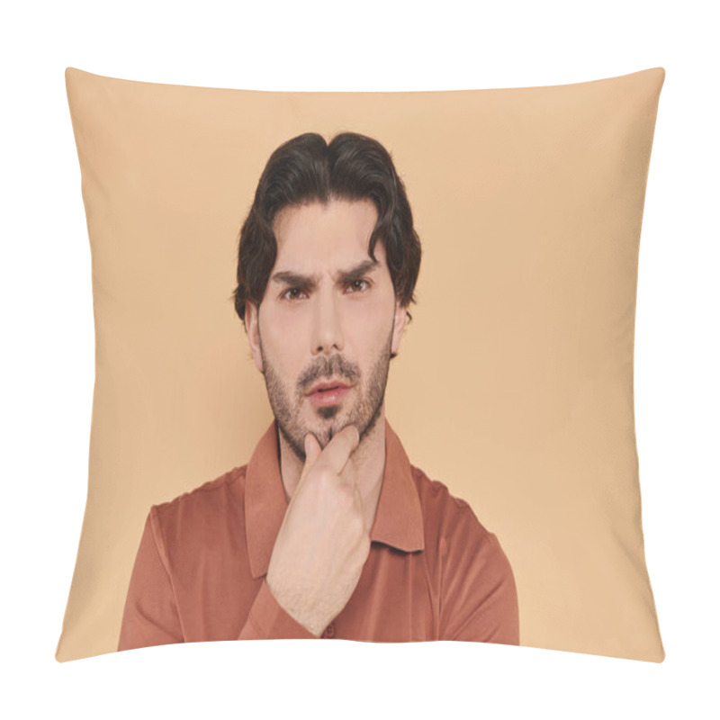 Personality  A Handsome Young Man Stands Thoughtfully, Highlighting His Charming Features In A Soft Light. Pillow Covers